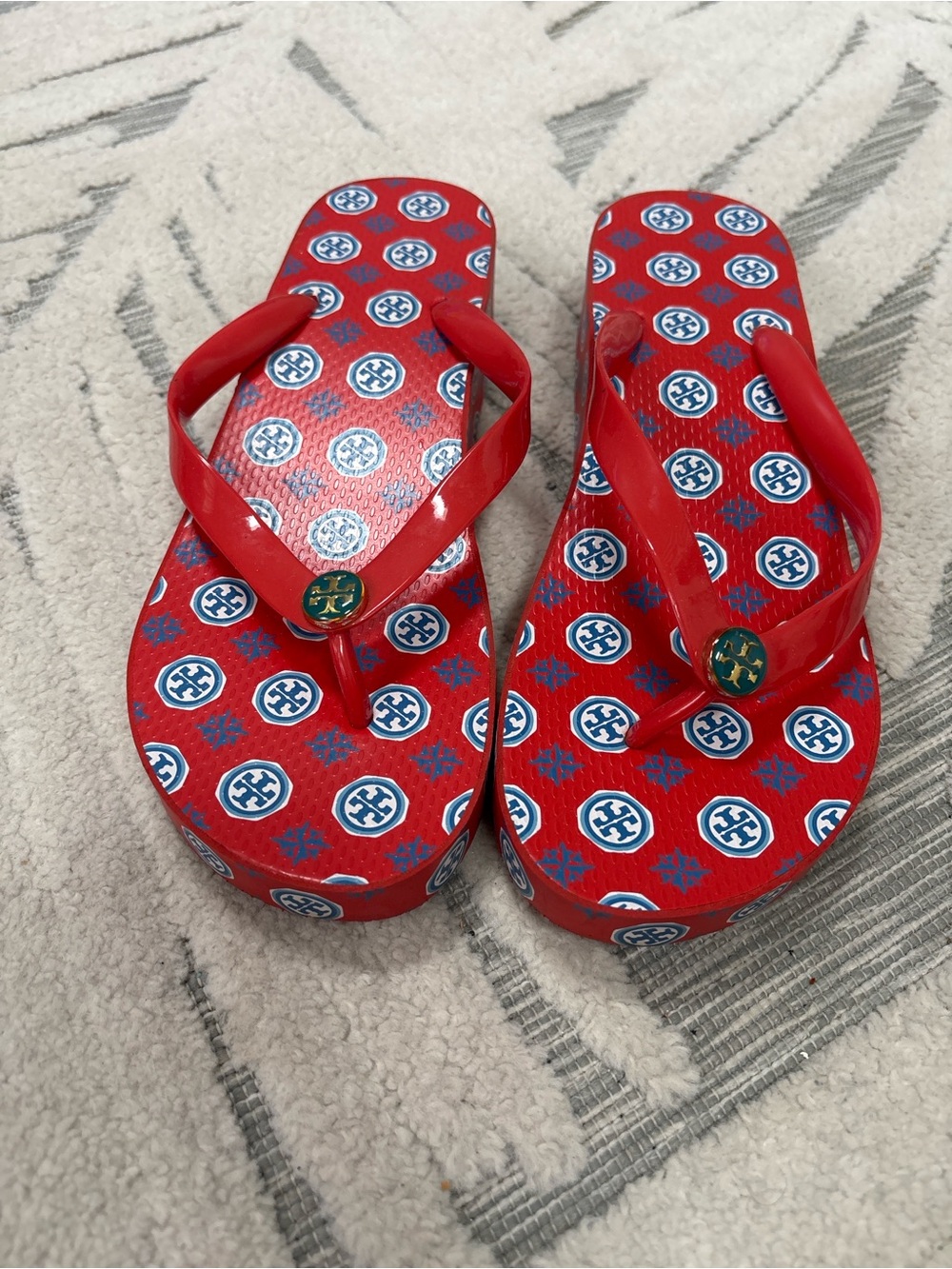 Tory Burch Red Patterned Platform Flip Flop Sandals